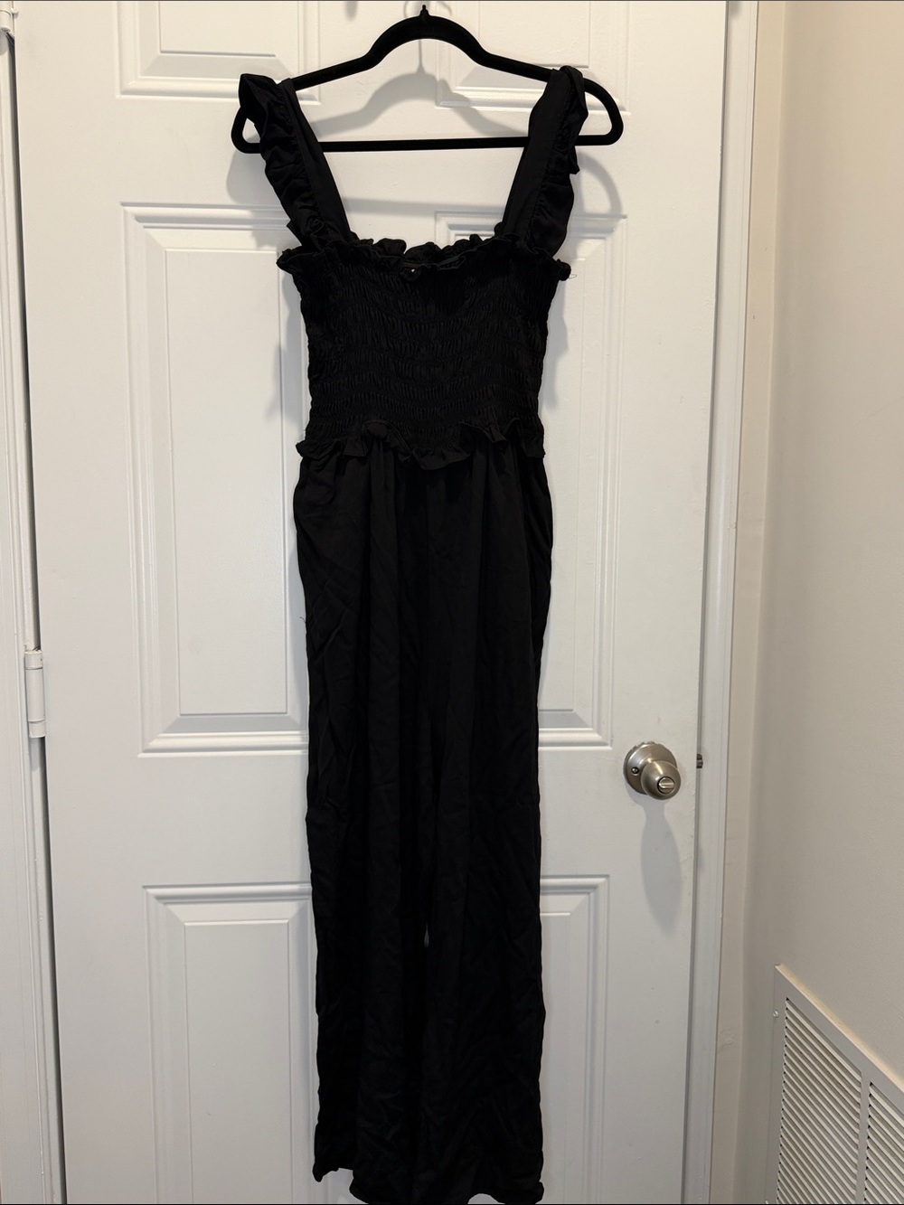 Smocked Wide-Leg Black Jumpsuit with Ruffle Straps